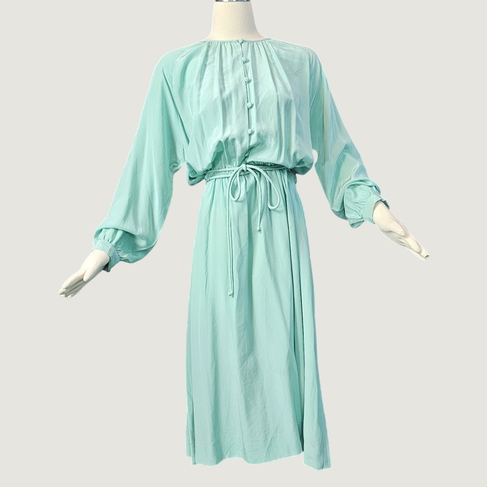 Vintage 1970s Dress Aqua Blue Midi Length Peasant Long Sleeve Belt Malcolm Starr